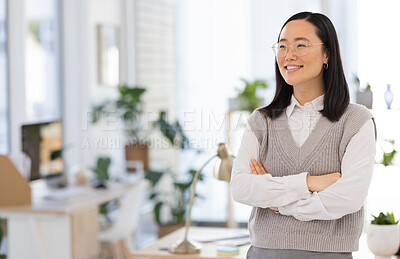 Buy stock photo Vision, thinking and confidence of a woman with arms crossed for business and corporate. Management, mockup and Asian employee smiling for an idea, success and contemplation with space in office