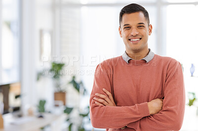 Buy stock photo Portrait, mockup and proud businessman in office with future, vision and ambition on blurred background. Face, worker and guy leader excited for career, goal and idea while advertising copy space