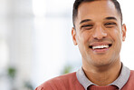 Businessman, smile and portrait in office with future, vision and ambition on blurred background. Face, worker and guy leader excited for career, goal and idea while advertising, space and mockup 