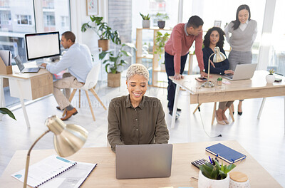 Buy stock photo Office, startup and black woman typing on laptop in coworking, workspace management and workflow planning. People, employees or business staff working together and teamwork for online career strategy
