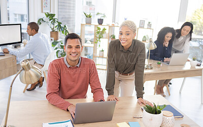 Buy stock photo Leadership, portrait or manager coaching a worker in startup or group project together in a digital agency. Faces, laptop or happy black woman helping, working or speaking of our vision or branding 