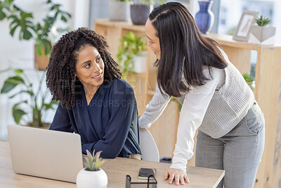 Buy stock photo Leadership, email marketing or manager coaching a black woman in startup or group project in a digital agency. Team work, laptop or worker helping, talking or speaking of vision or branding direction