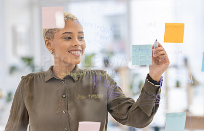 Buy stock photo Schedule, agenda and business woman writing, creative and planning sticky notes in office. Small business, startup and black female with idea, vision or career goal, development or marketing mission