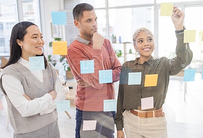 Buy stock photo Creative people, planning and thinking for schedule, team strategy or brainstorming on glass wall at office. Group in teamwork contemplating plan, tasks and post it for sticky note or startup