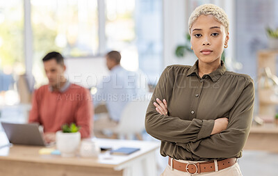 Buy stock photo Black woman in business, leadership and mission in portrait with career mindset, job goals and target in workplace. Vision, boss and mockup with corporate worker, confident and arms crossed in office