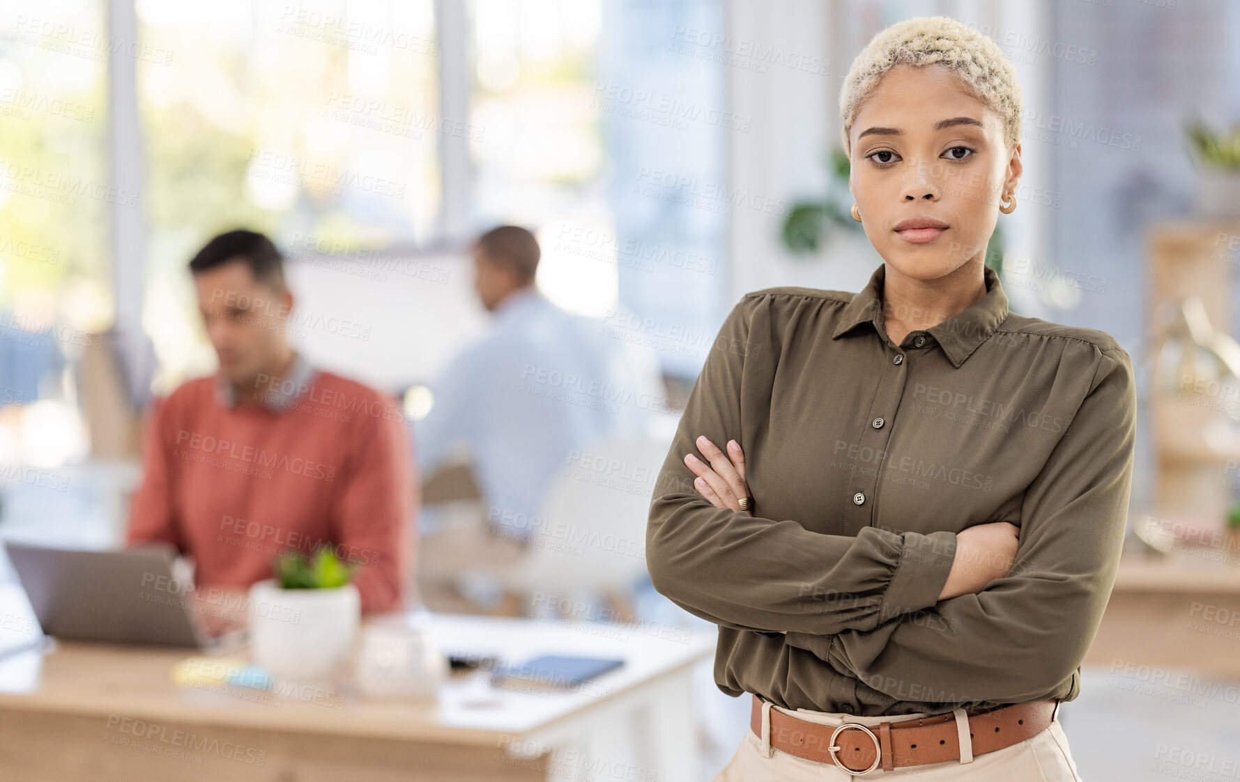 Buy stock photo Black woman in business, leadership and mission in portrait with career mindset, job goals and target in workplace. Vision, boss and mockup with corporate worker, confident and arms crossed in office