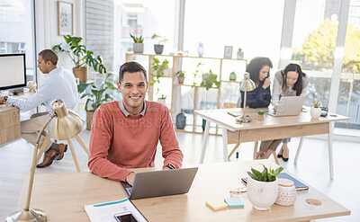 Buy stock photo Laptop, office portrait and man planning for startup company design, digital review or editing proposal. Computer workflow, email management and worker, person or project manager typing at his desk