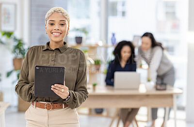 Buy stock photo Tablet, office portrait and black woman with online research, business leadership and startup company management. Happy manager, worker or person working in Human Resources for employees workflow