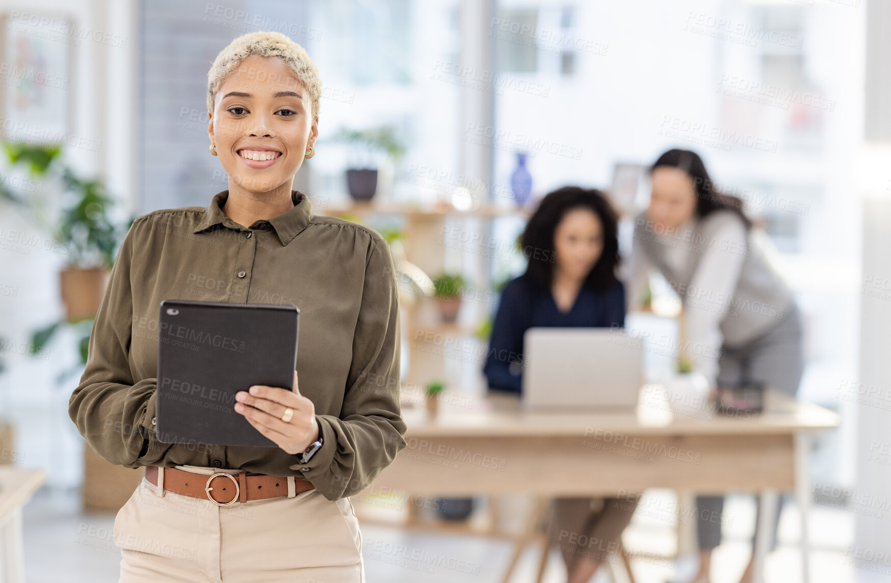 Buy stock photo Tablet, office portrait and black woman with online research, business leadership and startup company management. Happy manager, worker or person working in Human Resources for employees workflow