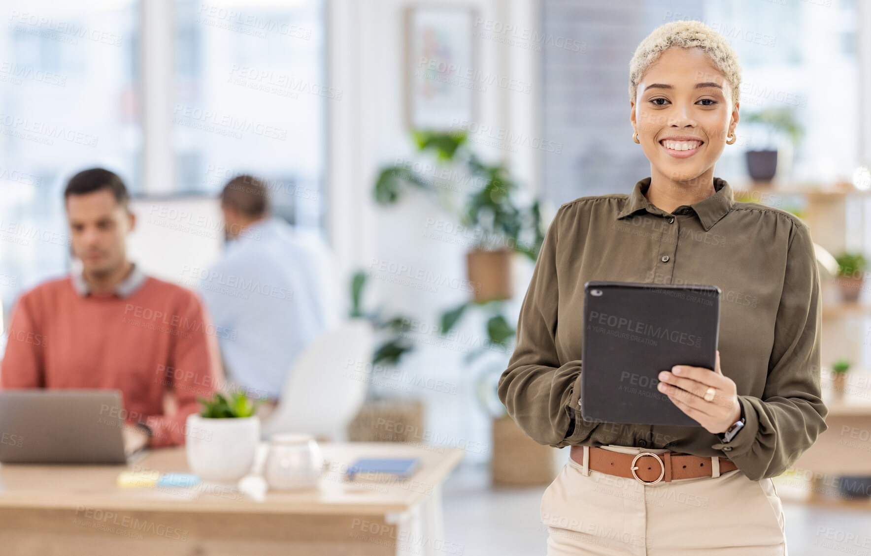 Buy stock photo Office portrait, black woman and tablet for online research, business leadership and startup company management. Happy manager, worker or person with goals for Human Resources and employees workflow