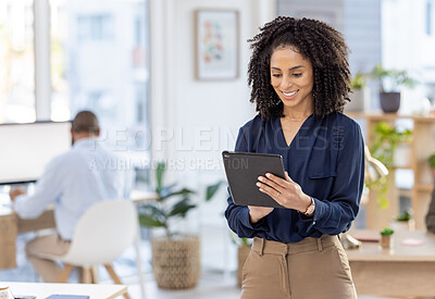 Buy stock photo Tablet, planning and black woman with online research, business social media strategy and startup company management. Happy manager, worker or person typing on digital technology in office workflow
