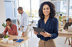 Office portrait, black woman and tablet for digital management, business research and startup leadership. Happy manager, employees or happy person with goals for Human Resources and company workflow