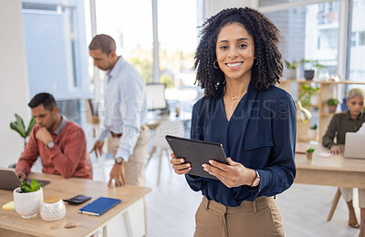 Buy stock photo Office portrait, black woman and tablet for management, business research and startup leadership. Happy manager, employees or person with tech goals for Human Resources and company workflow