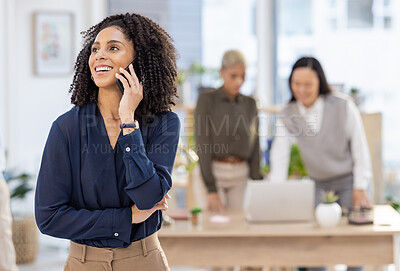 Buy stock photo Phone call, communication and black woman in office startup networking, planning and feedback. Happy person, employee or Human Resources manager talking on smartphone for business opportunity