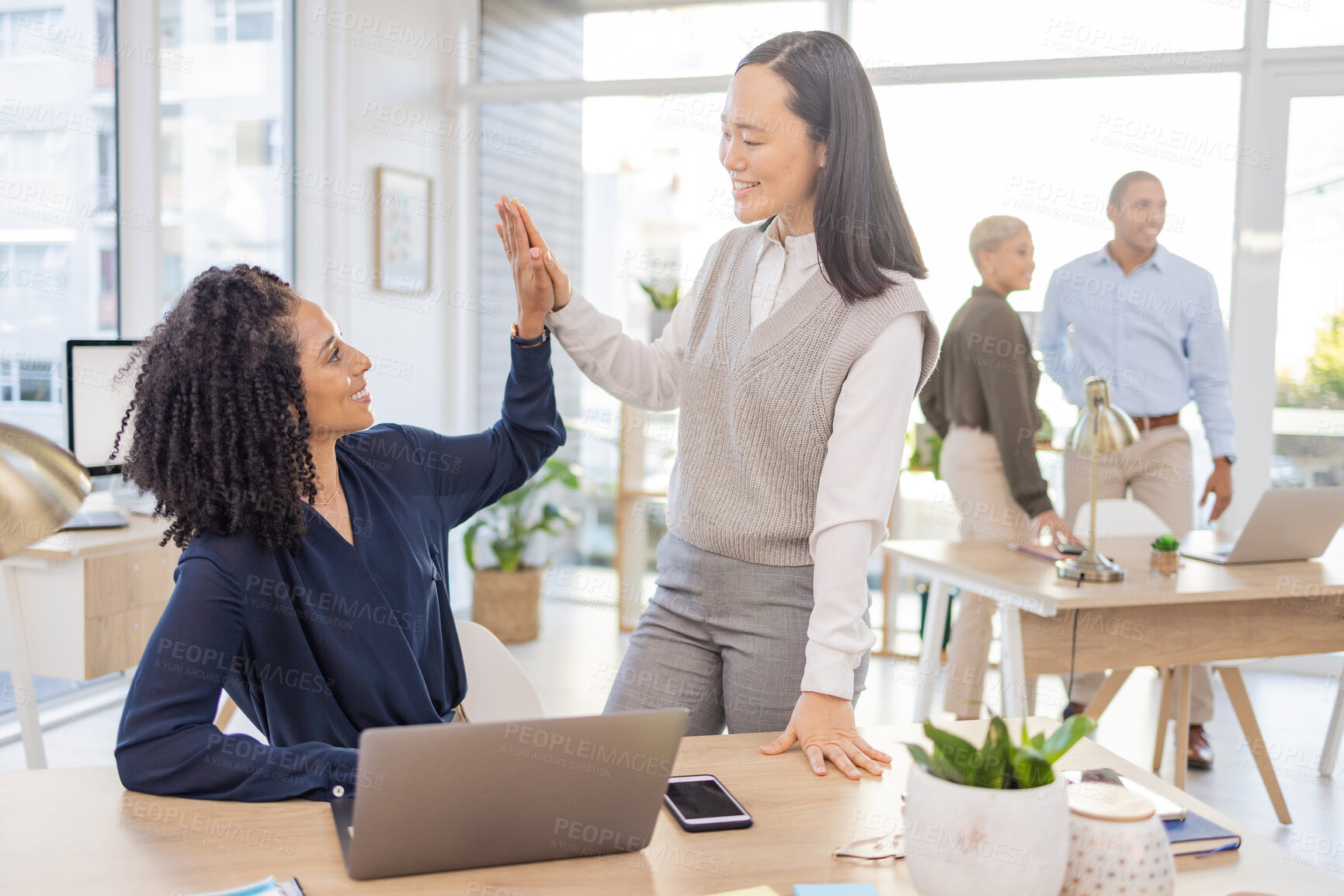 Buy stock photo Business women, high five and corporate team celebrate success, win or target achievement in office. Diversity people or employee and mentor or manager with hands for goal, teamwork and collaboration