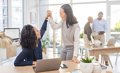 Buy stock photo Business team, high five and women celebrate success, win or target achievement in office. Diversity people or employee and mentor or manager with goal, teamwork and solidarity in collaboration
