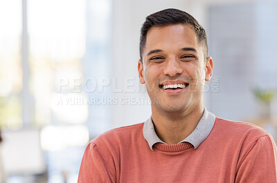 Buy stock photo Mockup, portrait and man with smile, business and leadership with confidence, skills or growth. Face, Latino male consultant or employee with happiness, success or promotion in workplace or corporate