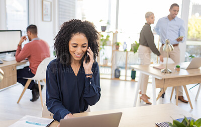 Buy stock photo Phone call, laptop and black woman in office for communication, information and networking. Entrepreneur person at advertising agency talking to contact for proposal deal or digital marketing at desk