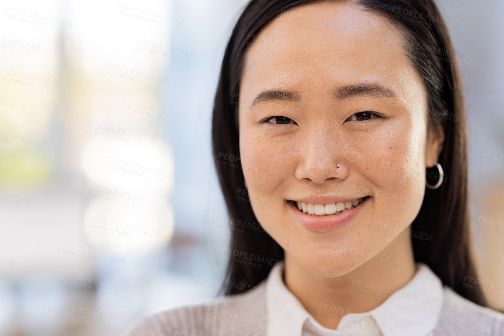 Buy stock photo Asian business woman, face and smile in portrait with success and mockup space, happy person with professional mindset. Leadership, corporate lawyer at law firm in Japan with happiness and confidence