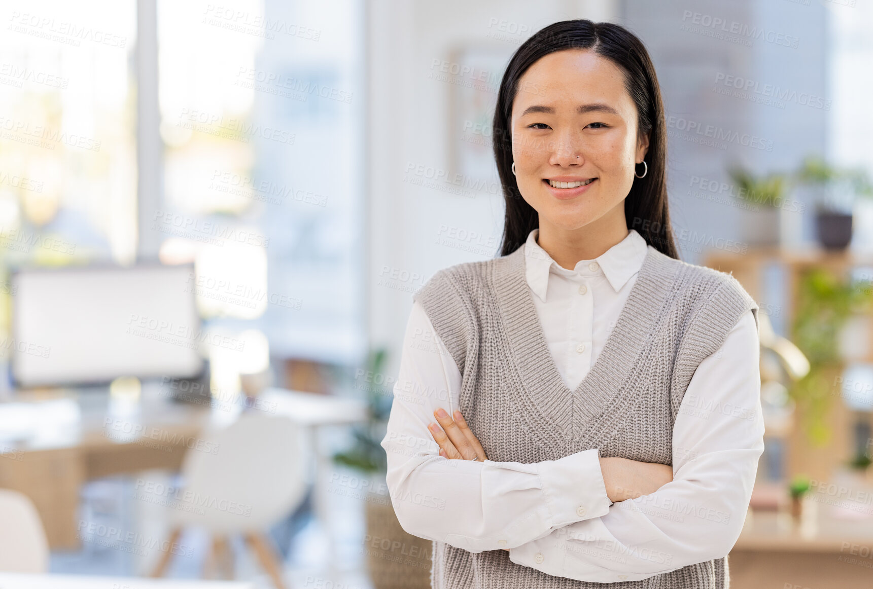 Buy stock photo Business woman, face with success and happy, mockup space, vision and professional mindset with career goals. Employee with arms crossed, leader and corporate lawyer at law firm in Japan with growth