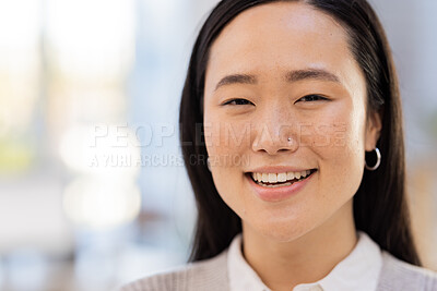 Buy stock photo Business woman, face and happy with Asian and mockup space, vision and professional or positive mindset in her career. Smile in portrait, leader and corporate lawyer at law firm in Japan for success