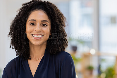 Buy stock photo Black woman in business, face and success in portrait with career mindset, job goals and leadership in workplace. Vision, mission and mockup with corporate worker, happy and work in New York office