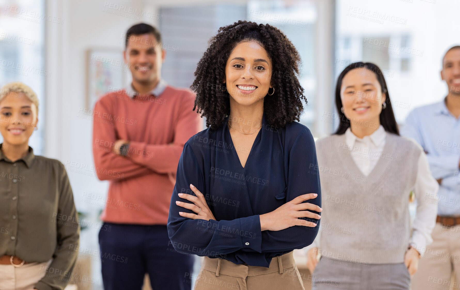 Buy stock photo Teamwork, leadership and portrait of black woman in office for support, community and diversity. Collaboration, happy and management with business people for solidarity, confident or faith in startup