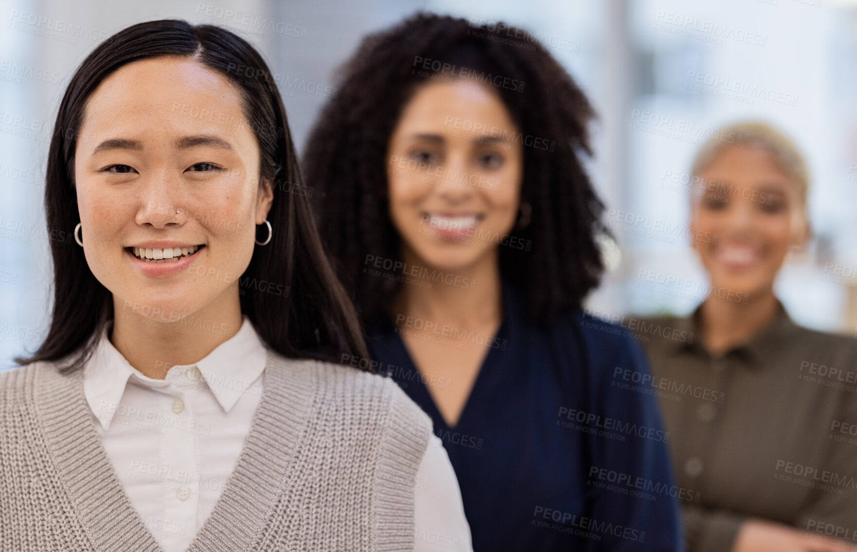 Buy stock photo Asian woman, portrait smile and diversity in leadership, teamwork or vision at the office. Diverse group of happy employee women smiling for career goals, values or proud team at the workplace