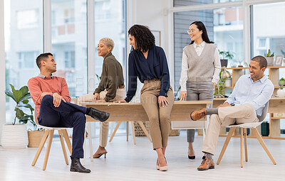 Buy stock photo Friends, relax or funny business people in meeting in startup or group joke on a break in office together. Team building, smile or happy employees laughing in conversation while talking or speaking 