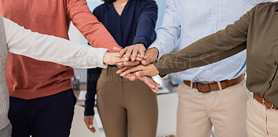 Buy stock photo Team building, mission or hands in meeting together in a business or group project for motivation. Diversity, leadership or employees in collaboration for our vision, strategy plan or target goals