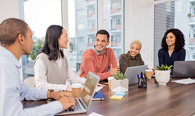 Buy stock photo Team work, collaboration or happy business people in meeting planning a group or startup project. Laptop, mission or employees in collaboration for our vision, sales strategy or digital agency goals