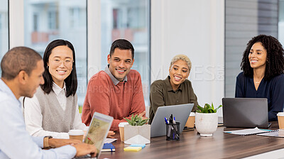 Buy stock photo Digital marketing, team work or happy business people in meeting planning a group or startup project. Laptop, mission or employees in collaboration for our vision, sales strategy or ecommerce goals