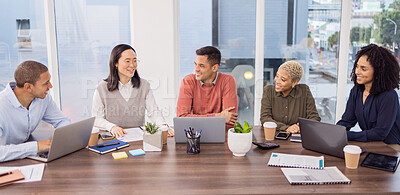 Buy stock photo Team work, planning or happy business people in meeting together in branding, group or startup project. Laptop, mission or employees in collaboration for our vision, strategy or digital agency goals
