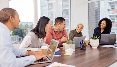 Buy stock photo Funny, collaboration or happy business people in meeting laughing at a joke after planning a group project. Laptop, mission or employees in conversation for our vision, sales strategy or team goals
