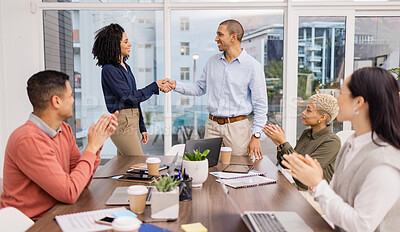 Buy stock photo B2b success, winner or happy man shaking hands in meeting or startup project partnership or business deal. Handshake, smile or excited black woman with sales team goals, feedback or hiring agreement