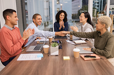 Buy stock photo Winner, black woman or man shaking hands in meeting or startup project partnership or business deal. Success, handshake or happy worker with sales goals, bonus target or hiring agreement in office