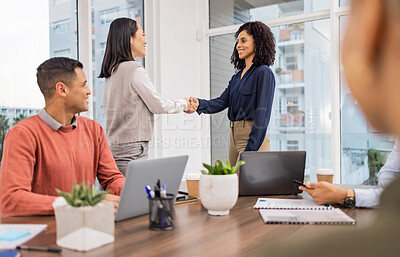 Buy stock photo Meeting, black woman or Asian manager shaking hands in startup business project deal in a digital agency. Teamwork, handshake or worker talking or speaking of our vision or b2b partnership agreement