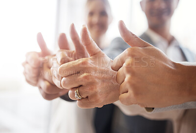 Buy stock photo Thumbs up, collaboration and business people in the office with success, achievement or goal. Diversity, teamwork and group of employees with an agreement, ok or yes hand gesture in the workplace.