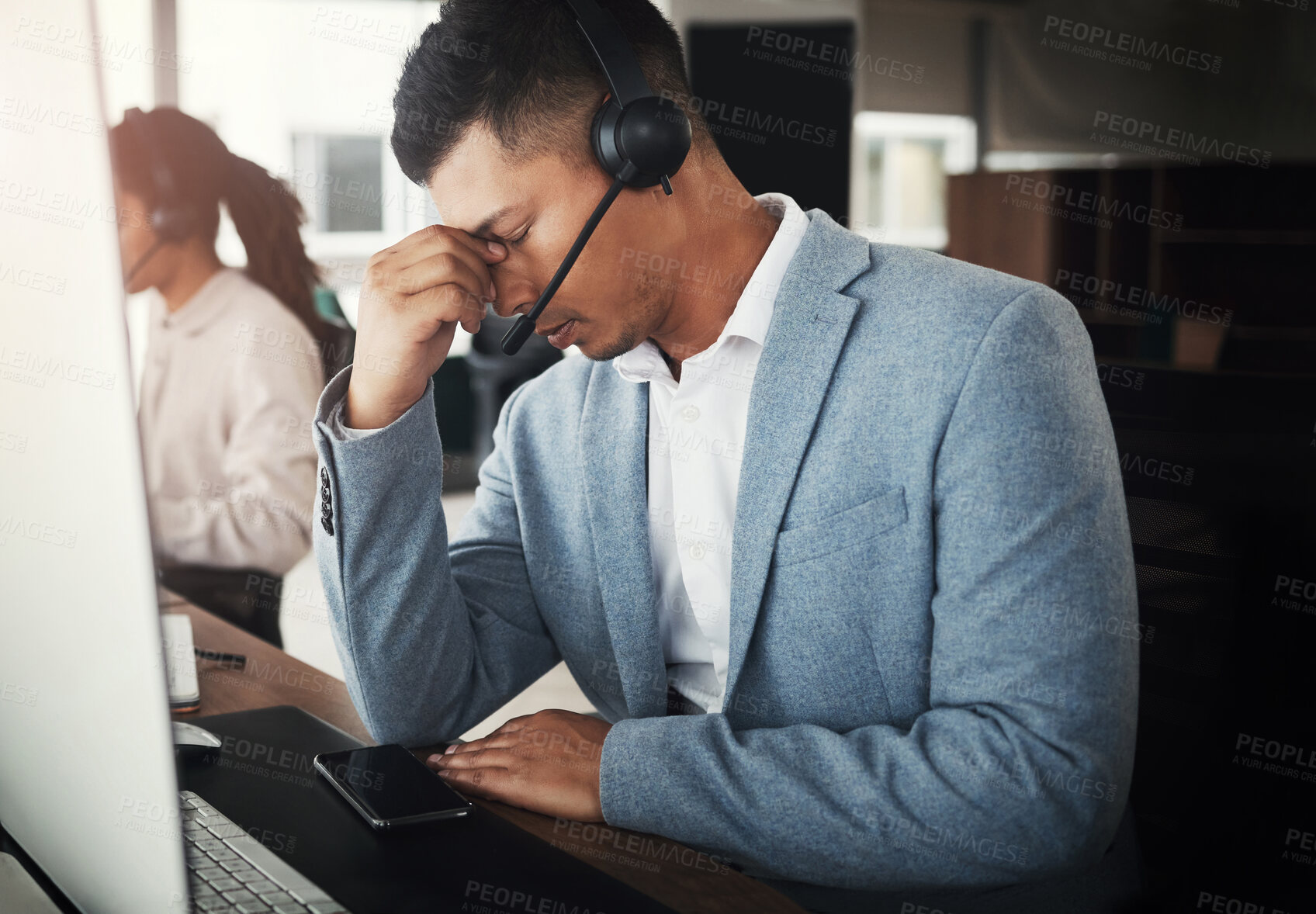Buy stock photo Customer service consulting, stress headache or man telemarketing on contact us CRM or telecom microphone. Call center burnout, web ecommerce or information technology consultant with medical crisis