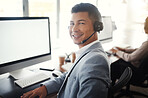 Call center computer, portrait consultant and man telemarketing sales on contact us CRM or telecom microphone. Customer service ERP, online ecommerce mockup or happy information technology consulting