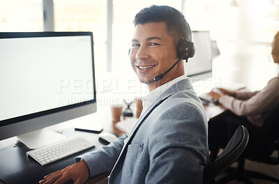 Buy stock photo Call center computer, portrait consultant and man telemarketing online on contact us CRM or telecom microphone. Male customer service, ERP ecommerce mockup and happy information technology consulting