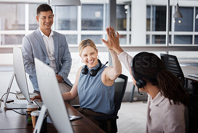 Buy stock photo Customer support high five, consulting or team celebrate telemarketing success, contact us CRM goals or ERP telecom. Call center diversity, ecommerce winner or happy technical support consultant