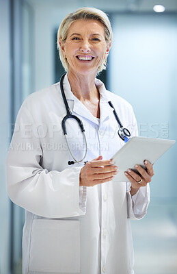 Buy stock photo Healthcare, doctor and portrait of woman on tablet in hospital for wellness, medical care and support. Insurance, clinic and senior female smile with digital tech for telehealth or online consulting