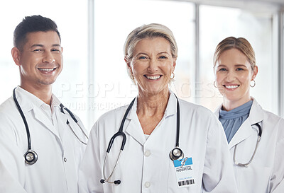 Buy stock photo Healthcare, teamwork and portrait of doctors smile in hospital for wellness, medical care and support. Collaboration, diversity and happy health workers for insurance, trust and medicine in clinic