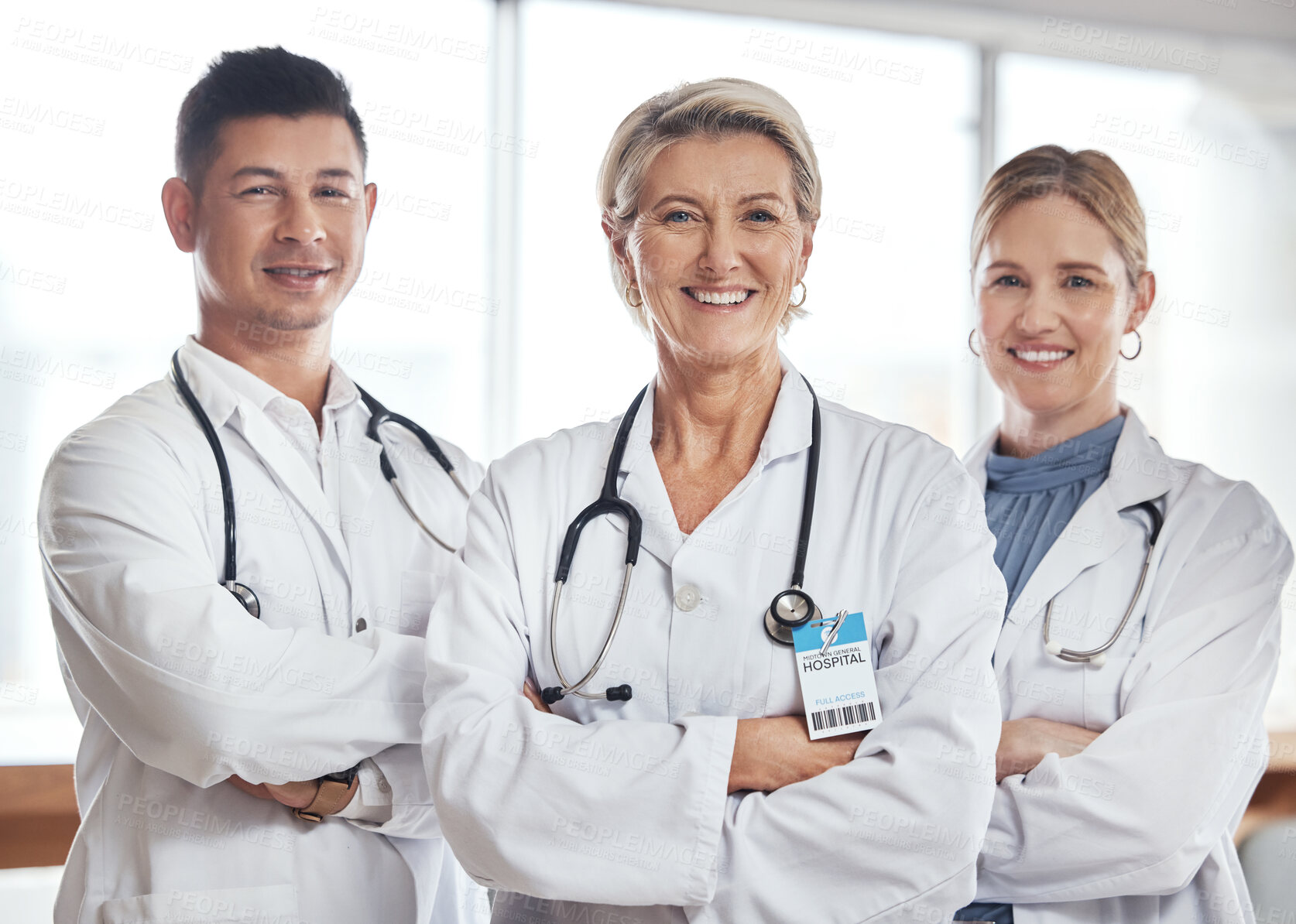 Buy stock photo Healthcare, teamwork and portrait of doctors in hospital for wellness, medical service and support. Collaboration, diversity and health workers smile in clinic for insurance, trust and medicine