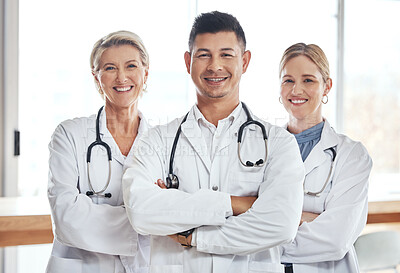 Buy stock photo Healthcare, hospital and portrait of doctors with smile for wellness, medical service and support. Collaboration, diversity and Asian doctor with clinic team for life insurance, trust and medicine