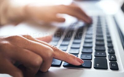 Buy stock photo Laptop, hands and woman typing on a keyboard while doing research or planning a project in the office. Computer, professional and female employee working on a company report or proposal in workplace.
