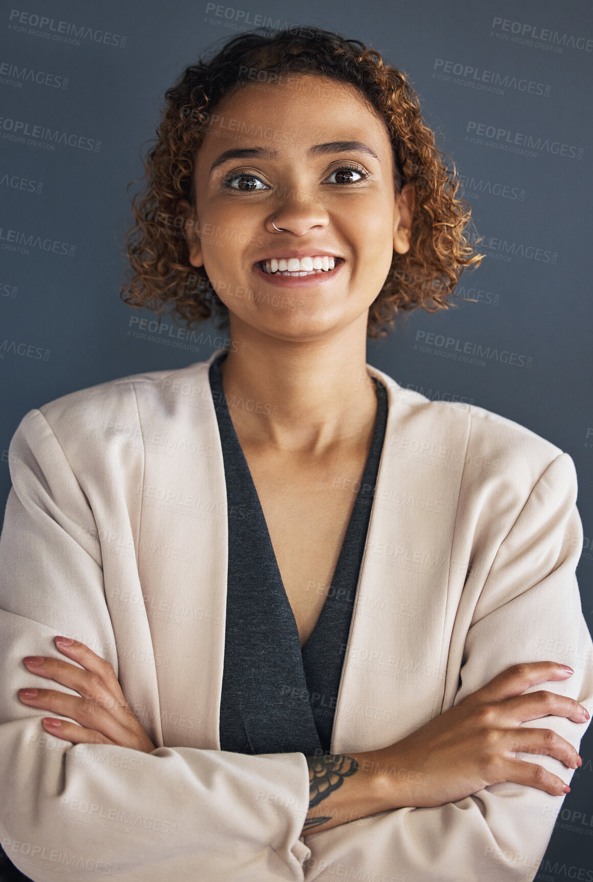 Buy stock photo Business woman, face and arms crossed in portrait, happy with success and vision on studio background. Professional mindset, Mexican employee and growth, career goals with leadership in Mexico office