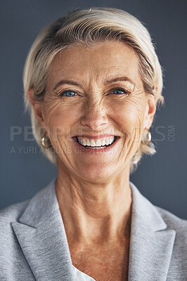 Buy stock photo Pride, corporate and professional portrait of woman isolated on a grey studio background. Business, success and face of a mature, confident and executive ceo of a company with experience on backdrop