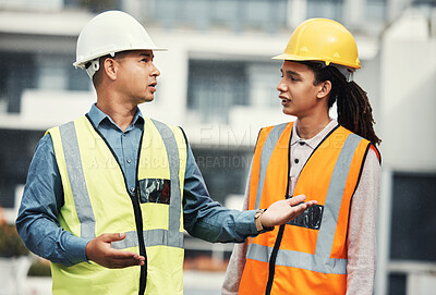 Buy stock photo Teamwork, engineering and planning with people on construction site for project management, building and goals. Designer, collaboration and architecture with contractor for development and industry